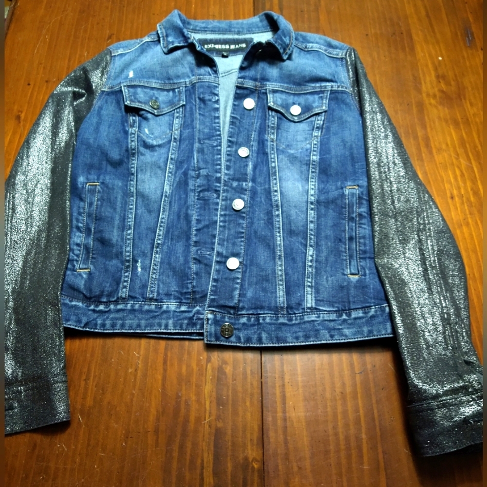 Express Jeans Denim Jacket with Silver Black Shimmering Sleeves
